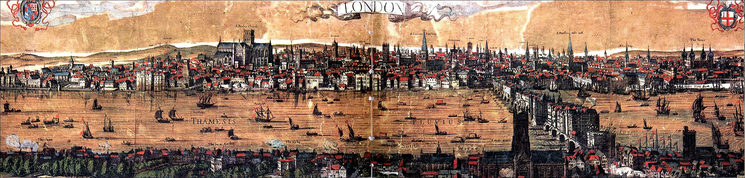 Historical panorama of London, with the Thames, boats, and buildings along both banks