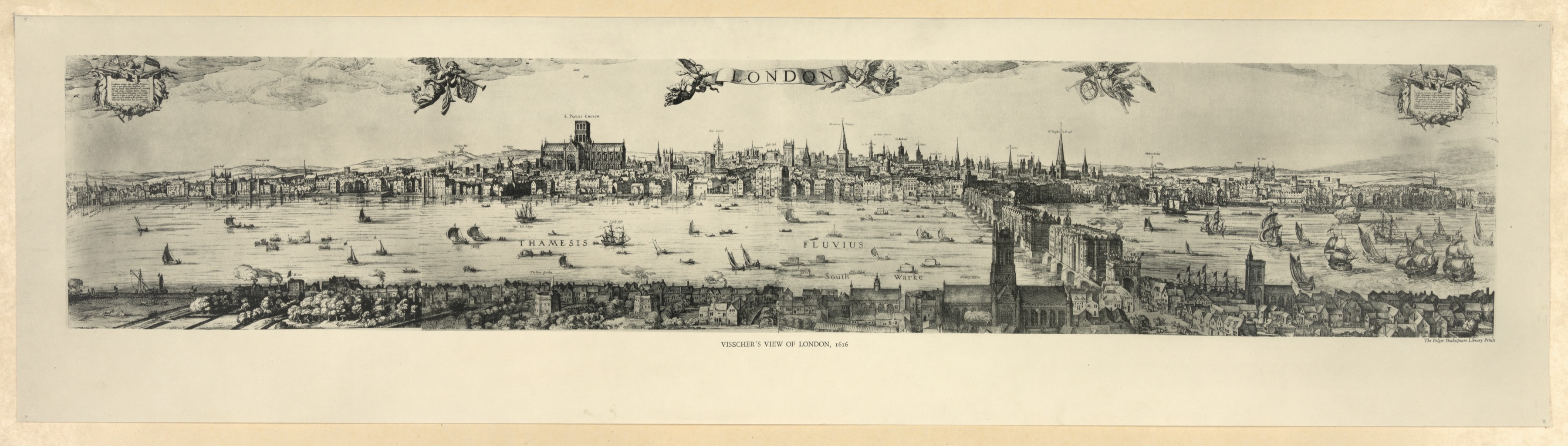 Visscher’s view of London, 1616, a long panorama looking across the Thames at the city.